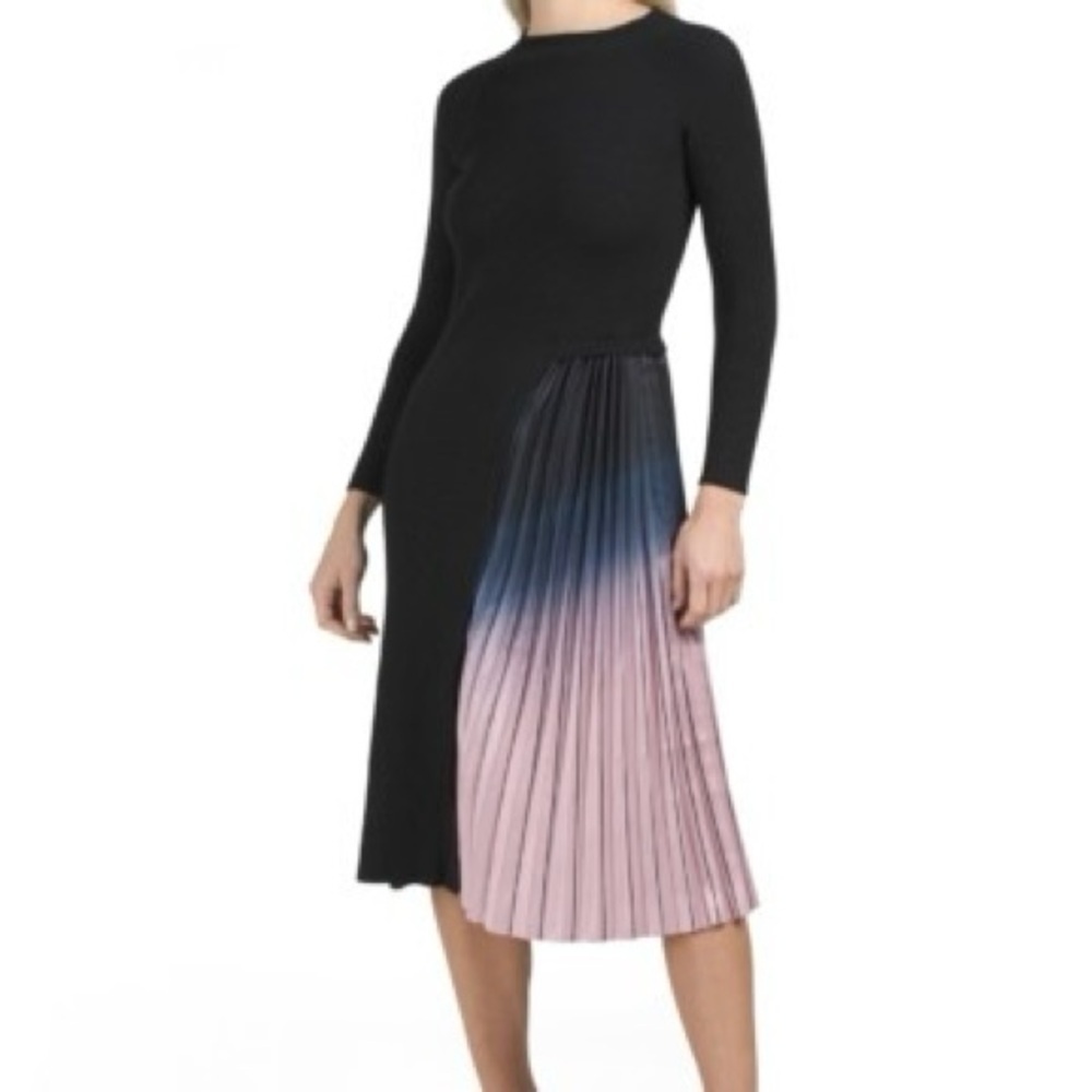Dalia MacPhee Pleated Ombre Skirt Sweater Midi Dress Sz L Black Ribbed Knit